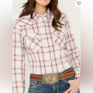 Wrangler Retro Plaid Pearl Snap Button White Red Size L